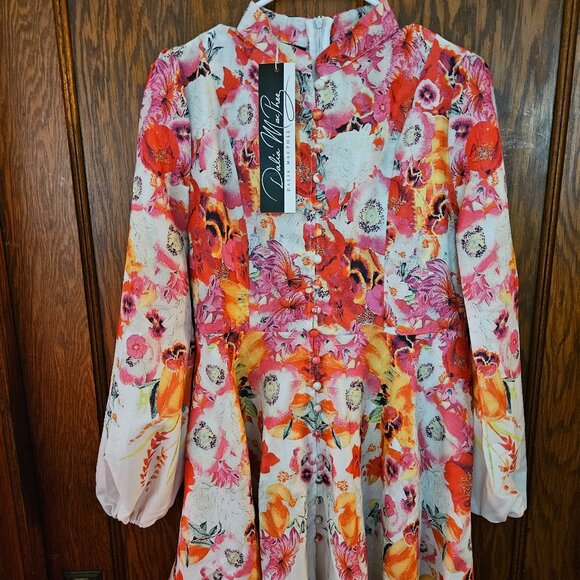 Dalia MacPhee Large Floral Long Sleeve Retro Dress Mod Artsy Colorful Dress - Picture 1 of 5